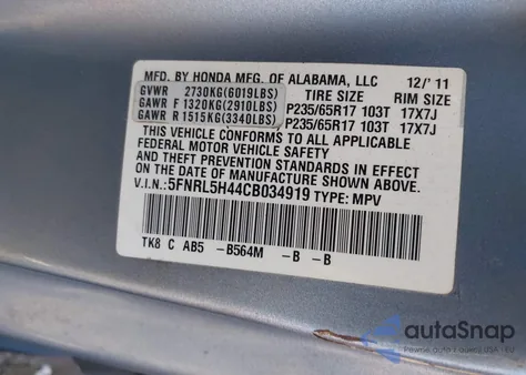 2012 Honda Odyssey Ex z USA, uszkodzony, nr VIN 5FNRL5H44CB034919